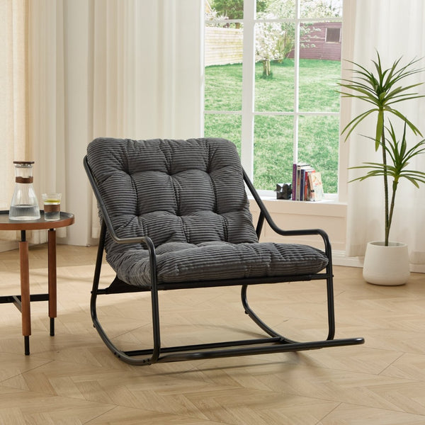 English Elm Outdoor Steel Rocking Chair with Corduroy Cushion for Porch Bedroom or Reading Nook W640P443542
