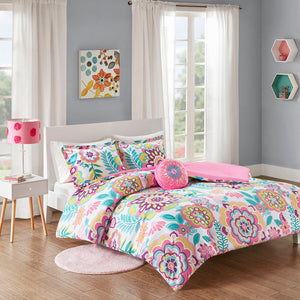 JLA Home Mi Zone - Floral Camille comforter set with vibrant medallion print, reversible pink back, embroidered round pillow, antimicrobial, machine washable 90 L x 86 W x 1H MZ10-0561