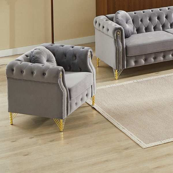 English Elm Velvet Tufted Chesterfield Sofa with Copper Stud Trim and Gold Metal Legs Grey W834P423609