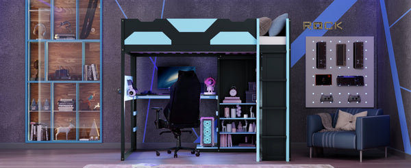 English Elm Full Size Loft Bed with Rgb Lighting Usb Charging Desk Wardrobe and Storage Shelves Blue LT000387AAC
