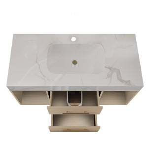 English Elm 39.4 Inch Floating Bathroom Vanity Sintered Stone Top Solid Wood 2 Soft Close Drawers W3136S00030