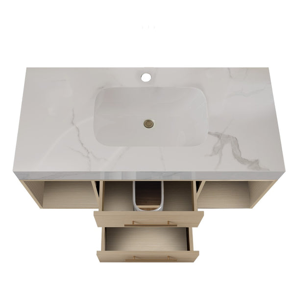 English Elm 39.4 Inch Floating Bathroom Vanity Sintered Stone Top Solid Wood 2 Soft Close Drawers W3136S00030