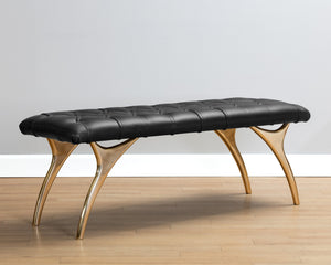 Sunpan Taylen Bench - Elegant Sculptural Design with Gold Aluminum Base and Genuine Leather Tufted Seat Black Leather