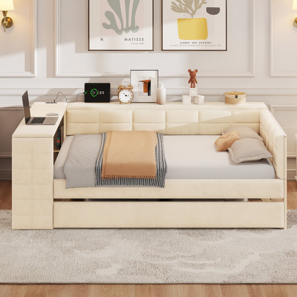 English Elm Full Size Upholstered Platform Bed With Desk, Usb Charging, Trundle & Storage Shelves In Beige Velvet N7090000604A