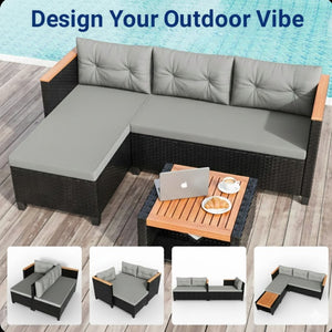 English Elm 3-piece Outdoor Pe Rattan L-shaped Sectional with Acacia Storage Table for Patio Black+Grey B082P455129