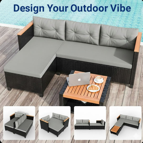 English Elm 3-piece Outdoor Pe Rattan L-shaped Sectional with Acacia Storage Table for Patio Black+Grey B082P455129