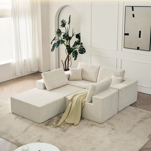 English Elm 139.3" Modular Sectional Sofa - Cloud-Like Boneless Corduroy Couch with Ottoman, 2 Pillows, No Assembly Beige W2656S00012