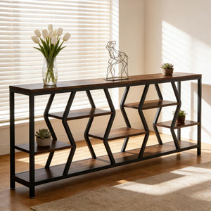 English Elm Hall Console Table Industrial Rustic Two Tier Wood Tone Metal Frame Entryway Sofa T3971P450471