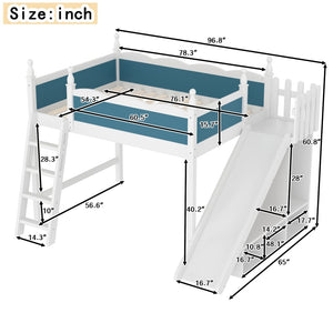 English Elm Twin Loft Bed Solid Pine Frame with Wardrobe Shelving Detachable Slide Kids Room White+Blue W5305S00024