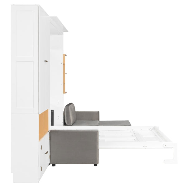 English Elm Queen Murphy Wall Bed with Velvet Sofa Built in Shelves Cabinets and Reading Lights White LP000393AAK