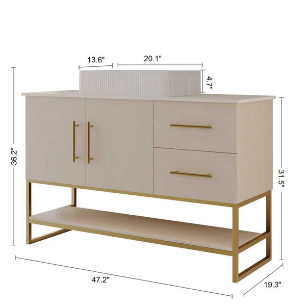 English Elm 47.2" Modern Bathroom Vanity with Ceramic Vessel Sink, Gold Accents, Wood Cabinet, Drawers & Shelf W3136S00027
