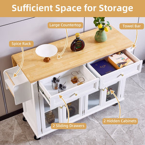 English Elm White Kitchen Island Cart with Wood Top, Drop-Leaf, Locking Wheels, 2 Drawers & Cabinet Storage W2565P359239