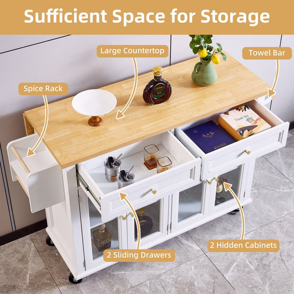 English Elm White Kitchen Island Cart with Wood Top, Drop-Leaf, Locking Wheels, 2 Drawers & Cabinet Storage W2565P359239