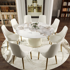 English Elm 59.05 "Elegant Round White Artificial Stone Dining Table For 8 - Modern Beige Plywood Base Design" W1535S00450