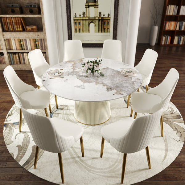 English Elm 59.05 "Elegant Round White Artificial Stone Dining Table For 8 - Modern Beige Plywood Base Design" W1535S00450