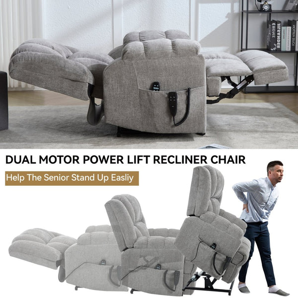 English Elm Dual Motor Power Lift Recliner Chenille Chair with Massage Heat and Infinite Positions Light Gray W3224P288433