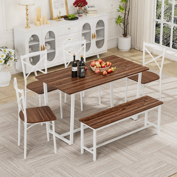 English Elm 6-Piece Dining Set with Metal Frame and MDF Tabletop, Sturdy Bench & Chairs, Modern Compact Design Dark Walnut W578P333495