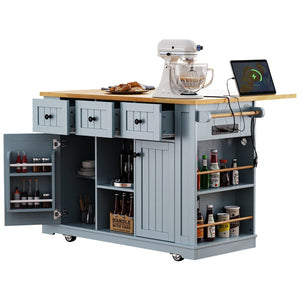 English Elm K&k 53 Inch Rolling Kitchen Island with Drop Leaf Power Outlet and Open Storage Racks Grey-Blue N707S185531G