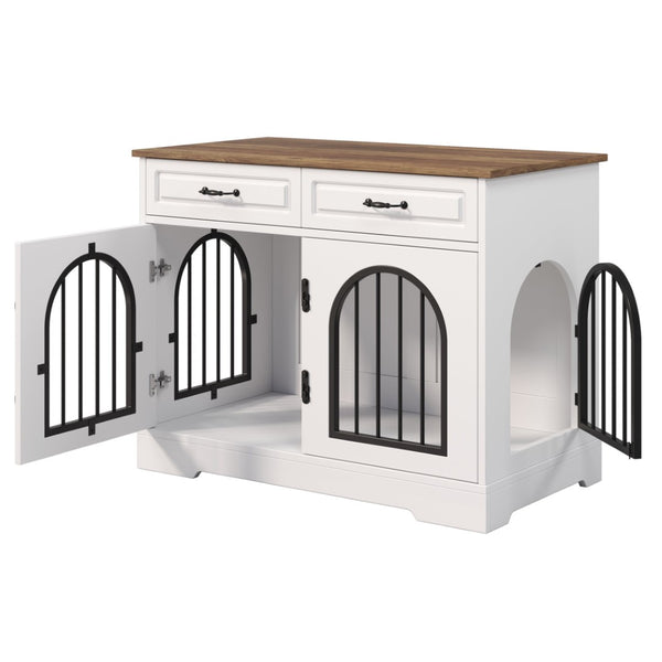 English Elm 43.3" Farmhouse Mdf Dog Crate Console with Drawers and Rotating Bowls for Large Breeds N704P414598A