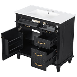 English Elm 36 Inch Bathroom Vanity With Ceramic Sink Top, Solid Wood Frame & Smart Storage Solutions For Style N725P336554B