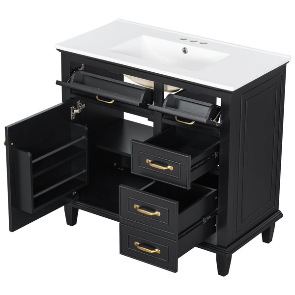 English Elm 36 Inch Bathroom Vanity With Ceramic Sink Top, Solid Wood Frame & Smart Storage Solutions For Style N725P336554B