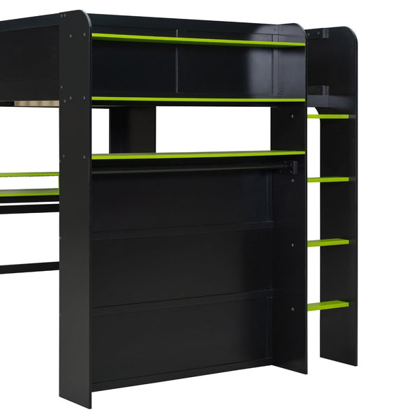 English Elm Full Size Gaming Bunk Bed with Rgb Lighting Integrated Desk Wardrobe and Storage Green LT100266AAG