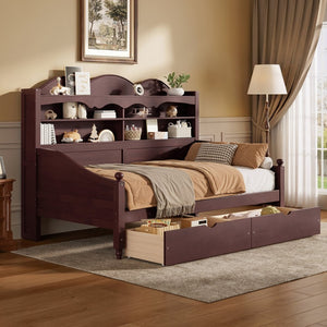English Elm Twin Daybed Retro Wood Frame with Under Bed Drawers and Headboard Shelving Espresso N733S415358P