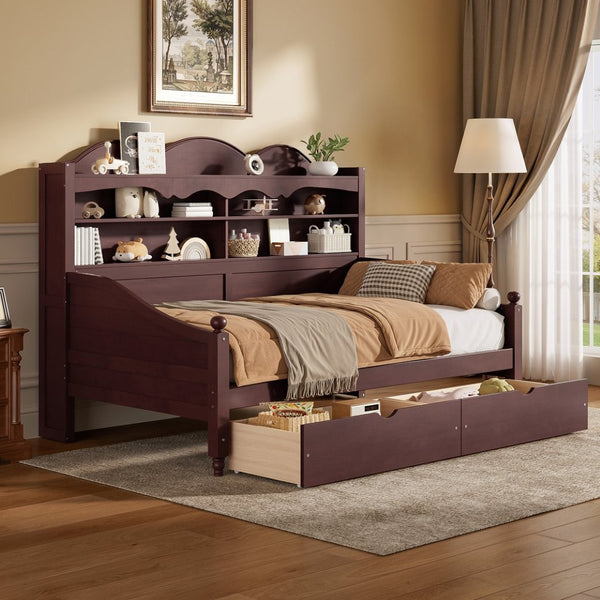English Elm Twin Daybed Retro Wood Frame with Under Bed Drawers and Headboard Shelving Espresso N733S415358P