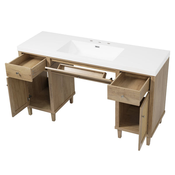 English Elm 60 Inch Double Sink Bathroom Vanity Rattan Pine Legs Soft Close Storage Brown Wood N817P296127N