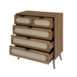 English Elm 5 Drawer Cabinet with Pine Feet, Engineered Rattan Finish, Anti-Dump Safety, Durable Moisture-Proof Storage (37.41"x18.9"x9.45") W688137513