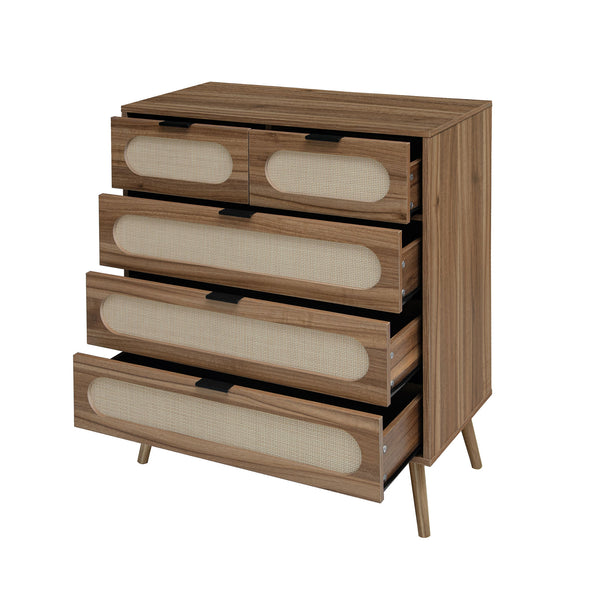 English Elm 5 Drawer Cabinet with Pine Feet, Engineered Rattan Finish, Anti-Dump Safety, Durable Moisture-Proof Storage (37.41"x18.9"x9.45") W688137513