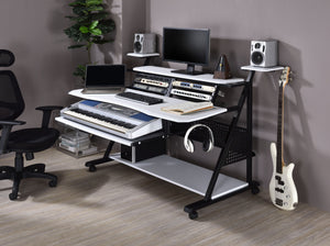 English Elm Willow Modern White & Black Music Desk with Keyboard Tray, Speaker Shelves, Wheels & Locking Design B2726P251779