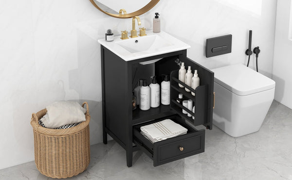 English Elm 20" Bathroom Vanity with Sink and Ceramic Top, Modern Freestanding Cabinet with Drawer & Shelf Storage, Adjustable Feet for Stability and 200lb Capacity Black N725P192821B