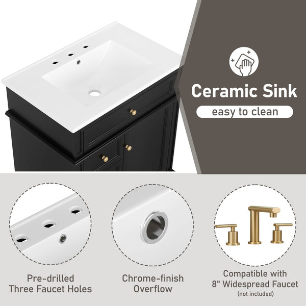 English Elm 30" Freestanding Bathroom Vanity Acacia Wood Matte Black Finish Gold Knobs Ceramic Sink N759P227429B