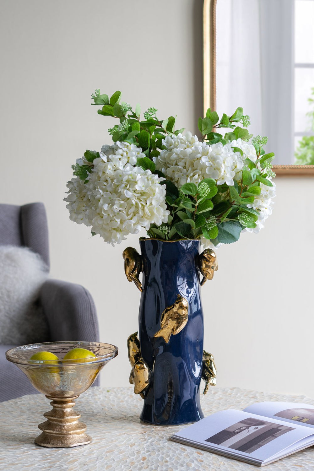 English Elm 8x8x15.5" Blue Ceramic Tree Trunk Vase with Navy Glaze and Gold Bird Accents for Luxe Décor W2078P390453