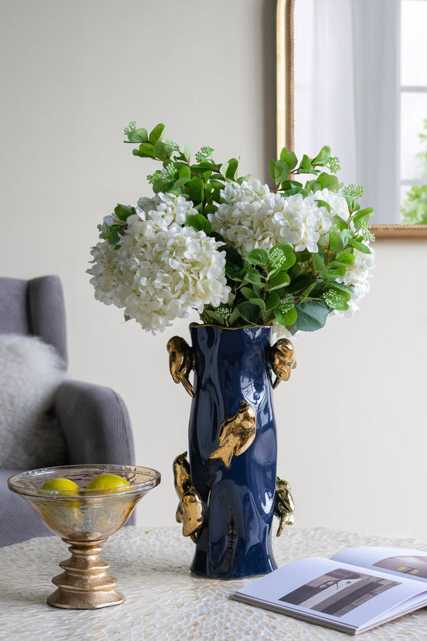 English Elm 8x8x15.5" Blue Ceramic Tree Trunk Vase with Navy Glaze and Gold Bird Accents for Luxe Décor W2078P390453