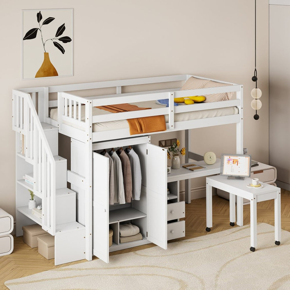 English Elm Queen Murphy Bed with Integrated Desk Cabinet Shelves Space Saving Studio Solution White N708S00013K