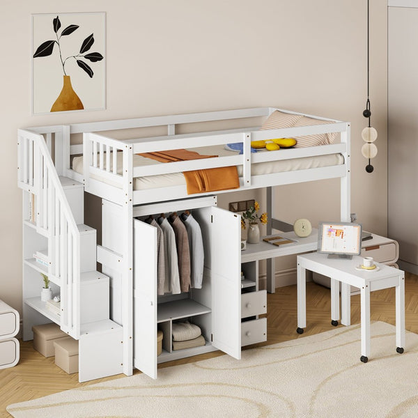 English Elm Queen Murphy Bed with Integrated Desk Cabinet Shelves Space Saving Studio Solution White N708S00013K