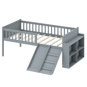 English Elm Twin Platform Kids Bed with Slide Ladder Guardrails Storage Shelf Wood Frame Gray N733S415411E