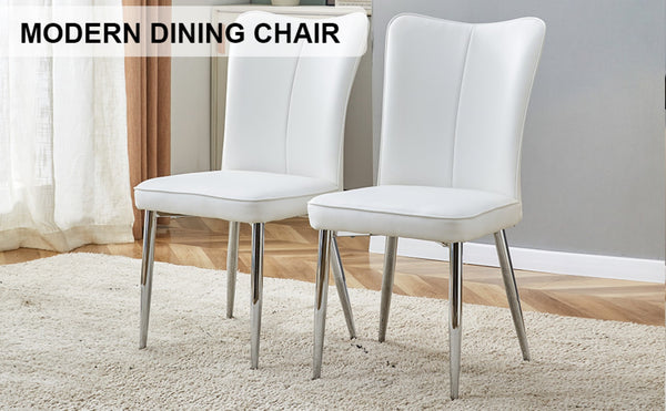 English Elm Modern Pu Leather Dining Chair Set of Six with Curved Back and Polished Metal Legs White+Silver W1151P370779