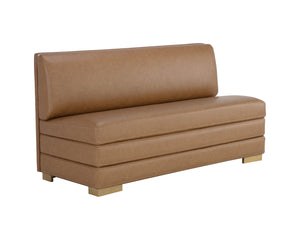 Sunpan Radcliff Banquette – Elegant Milliken Cognac Faux Leather with Gold Stainless Steel Legs, 65" Wide