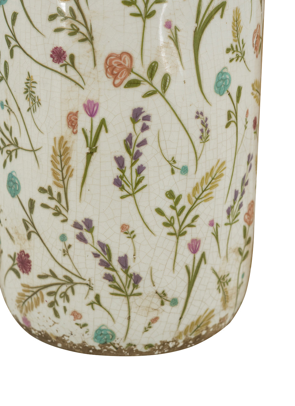 English Elm D5.3x10.6" Ceramic Cylinder Vase — Weathered Rim, Earthy Multi-Color Floral Motifs, Tall Accent Piece for Tableshelves and Nature-Inspired Vignettes W2078P405370