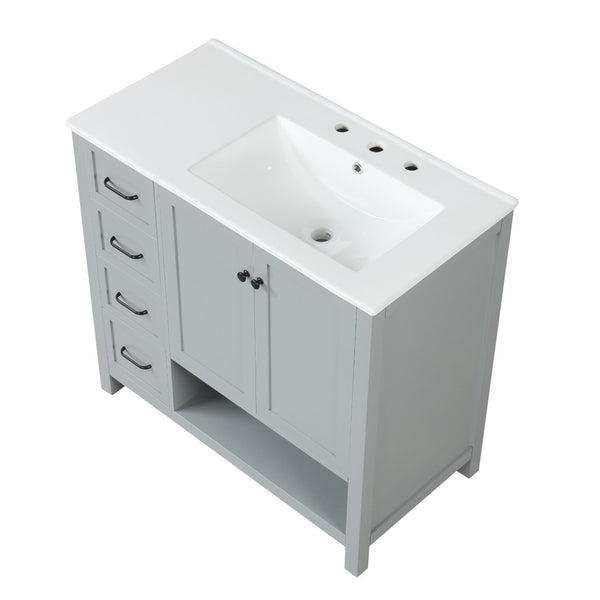 English Elm 36" Freestanding Bathroom Vanity Solid Wood Mdf Cabinet Ceramic Undermount Sink Open Shelf Grey N725P364203E