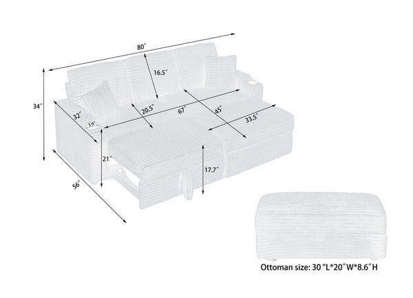 English Elm 80" Corduroy Multi-Function Sofa with Hidden Recliner, Space-Saving Design, Armrests, Cup Holders, Removable Footstool Green W3356S00019