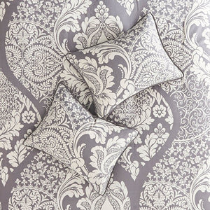 English Elm 7 Piece Cotton Printed Comforter Set In Grey - Elegant Damask Design With Pillows & Bed Skirt B03597027