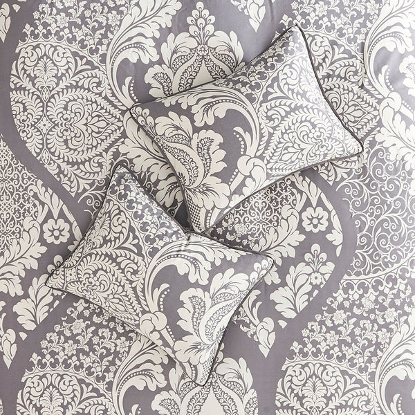 English Elm 7 Piece Cotton Printed Comforter Set In Grey - Elegant Damask Design With Pillows & Bed Skirt B03597027