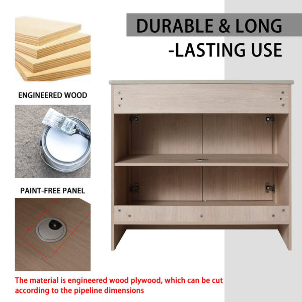 English Elm 84 Inch Freestanding Bathroom Vanity with Integrated Resin Sink, Soft-Close Doors, Shelves & Extra Storage Space Glossy White,Plain Light Oak W999S00320