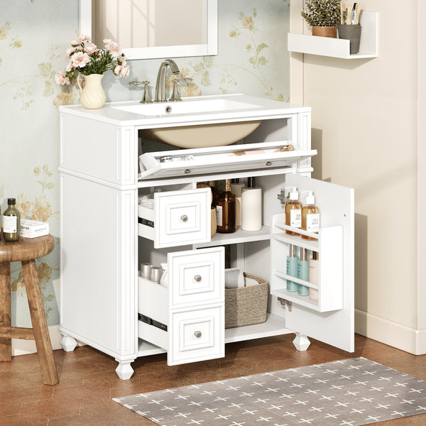 English Elm Bathroom Vanity with Sink French-Inspired 30" Ceramic Basin Vanity Cabinet with Soft-Close Doors & Drawer Organizer White N710P286723K