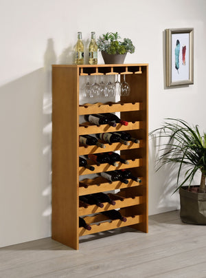 English Elm Hanzi Oak Freestanding Wine Rack with Stemware Storage Holds 35 Bottles B2726P408073