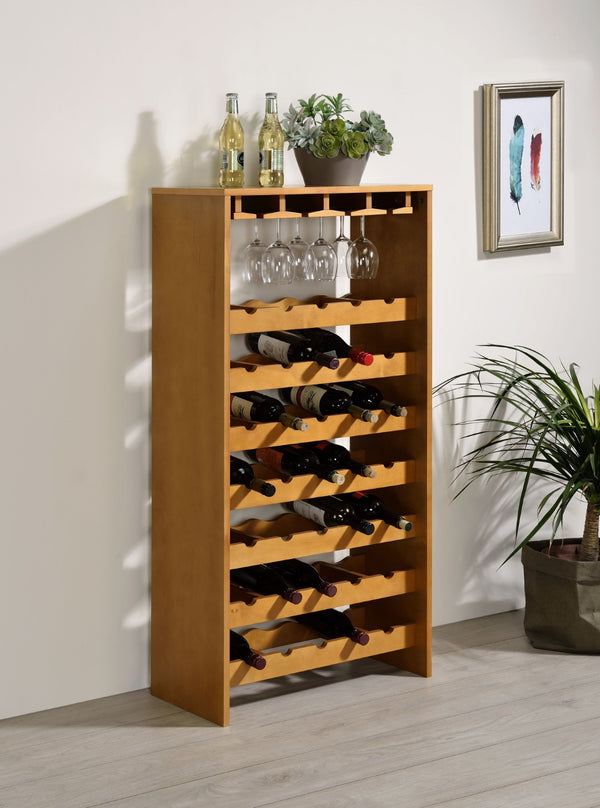 English Elm Hanzi Oak Freestanding Wine Rack with Stemware Storage Holds 35 Bottles B2726P408073